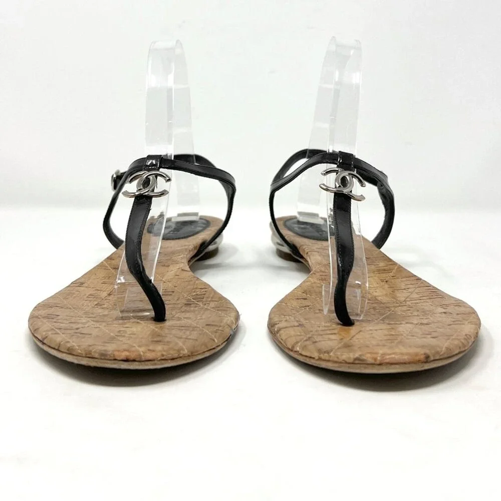 Chanel Black Patent‎ Thong Sandals CC Cork Sole Flat Sandals 40.5